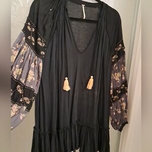 Black Floral Boho Dress with Tassels